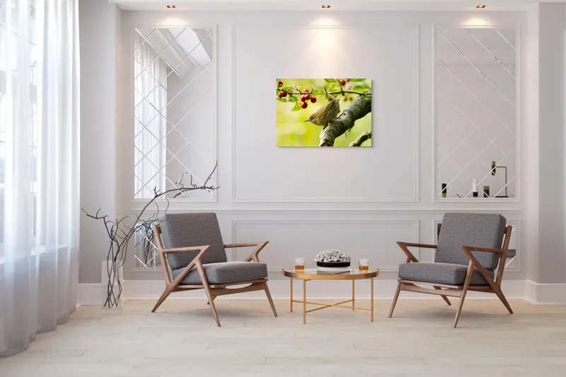 Tablou Canvas, "Micul oaspete pe ramura verii", Pasăre, Crenguță, Frunze, Roșii, Natură, Rândunică, Delicatețe, Echilibru., 100 x 70 cm – poza 5