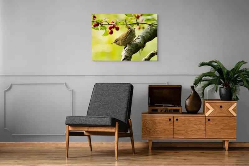 Tablou Canvas, "Micul oaspete pe ramura verii", Pasăre, Crenguță, Frunze, Roșii, Natură, Rândunică, Delicatețe, Echilibru., 100 x 70 cm – poza 8