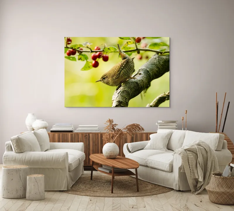 Tablou Canvas, "Micul oaspete pe ramura verii", Pasăre, Crenguță, Frunze, Roșii, Natură, Rândunică, Delicatețe, Echilibru., 150 x 100 cm – poza 3