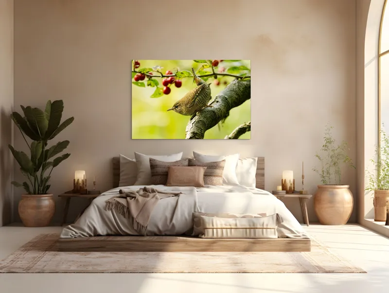Tablou Canvas, "Micul oaspete pe ramura verii", Pasăre, Crenguță, Frunze, Roșii, Natură, Rândunică, Delicatețe, Echilibru., 150 x 100 cm – poza 4