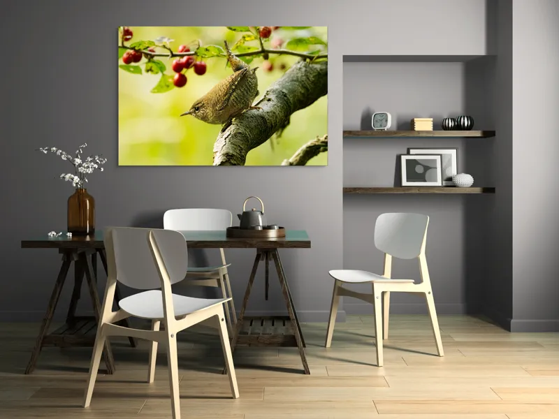 Tablou Canvas, "Micul oaspete pe ramura verii", Pasăre, Crenguță, Frunze, Roșii, Natură, Rândunică, Delicatețe, Echilibru., 150 x 100 cm – poza 5