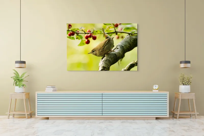 Tablou Canvas, "Micul oaspete pe ramura verii", Pasăre, Crenguță, Frunze, Roșii, Natură, Rândunică, Delicatețe, Echilibru., 150 x 100 cm – poza 6