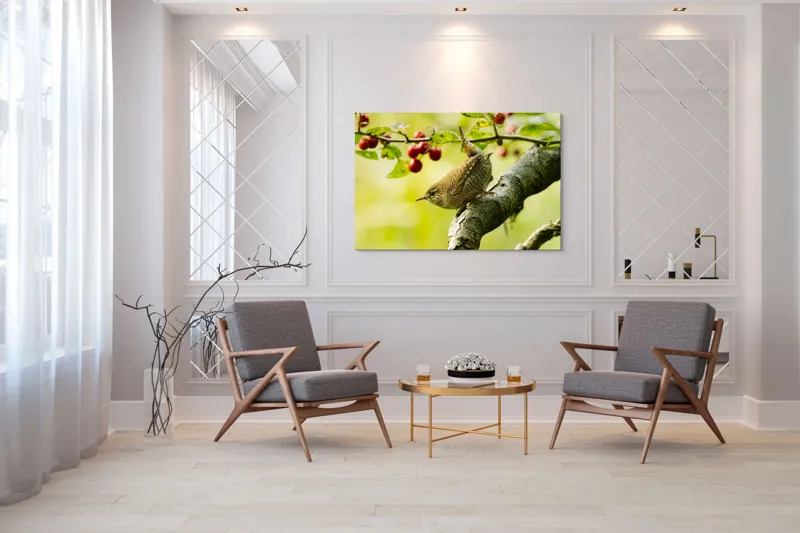 Tablou Canvas, "Micul oaspete pe ramura verii", Pasăre, Crenguță, Frunze, Roșii, Natură, Rândunică, Delicatețe, Echilibru., 150 x 100 cm – poza 7
