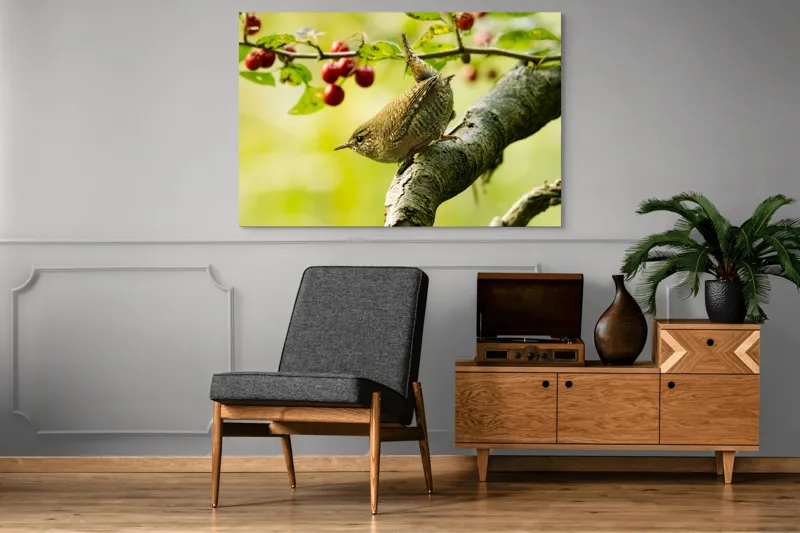 Tablou Canvas, "Micul oaspete pe ramura verii", Pasăre, Crenguță, Frunze, Roșii, Natură, Rândunică, Delicatețe, Echilibru., 150 x 100 cm – poza 8