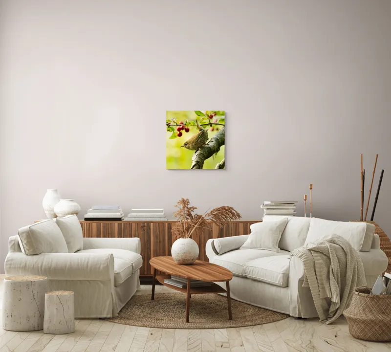 Tablou Canvas, "Micul oaspete pe ramura verii", Pasăre, Crenguță, Frunze, Roșii, Natură, Rândunică, Delicatețe, Echilibru., 50 x 50 cm – poza 7