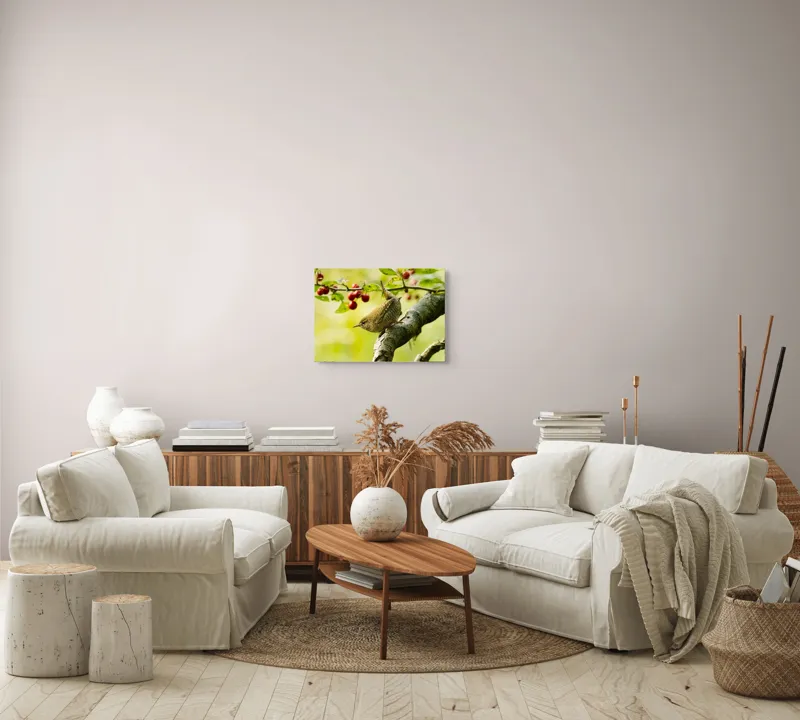 Tablou Canvas, "Micul oaspete pe ramura verii", Pasăre, Crenguță, Frunze, Roșii, Natură, Rândunică, Delicatețe, Echilibru., 54 x 39 cm – poza 5