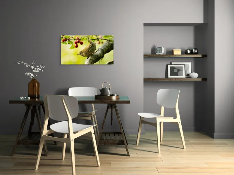 Tablou Canvas, "Micul oaspete pe ramura verii", Pasăre, Crenguță, Frunze, Roșii, Natură, Rândunică, Delicatețe, Echilibru., 90 x 50 cm – poza 3