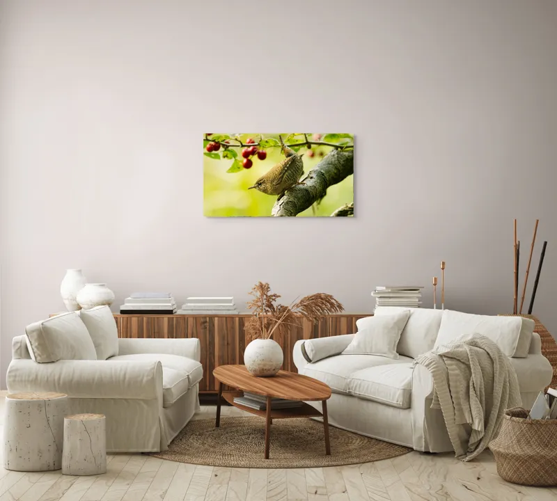Tablou Canvas, "Micul oaspete pe ramura verii", Pasăre, Crenguță, Frunze, Roșii, Natură, Rândunică, Delicatețe, Echilibru., 90 x 50 cm – poza 4