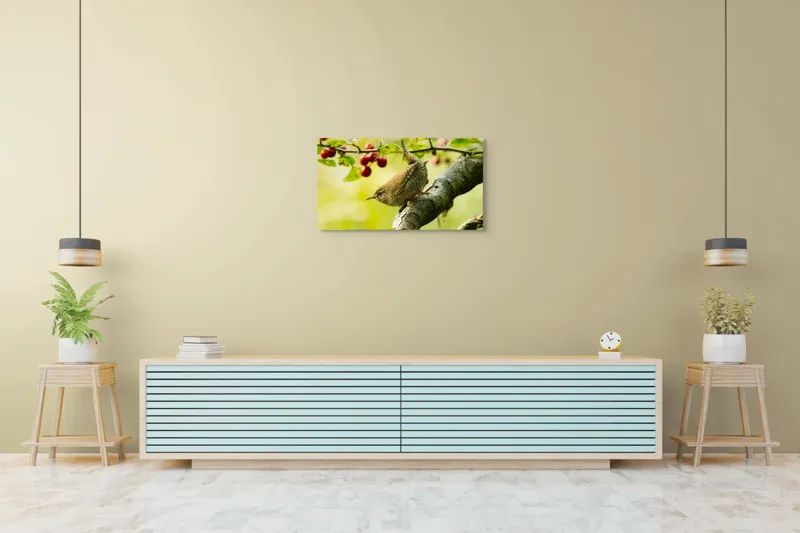Tablou Canvas, "Micul oaspete pe ramura verii", Pasăre, Crenguță, Frunze, Roșii, Natură, Rândunică, Delicatețe, Echilibru., 90 x 50 cm – poza 5