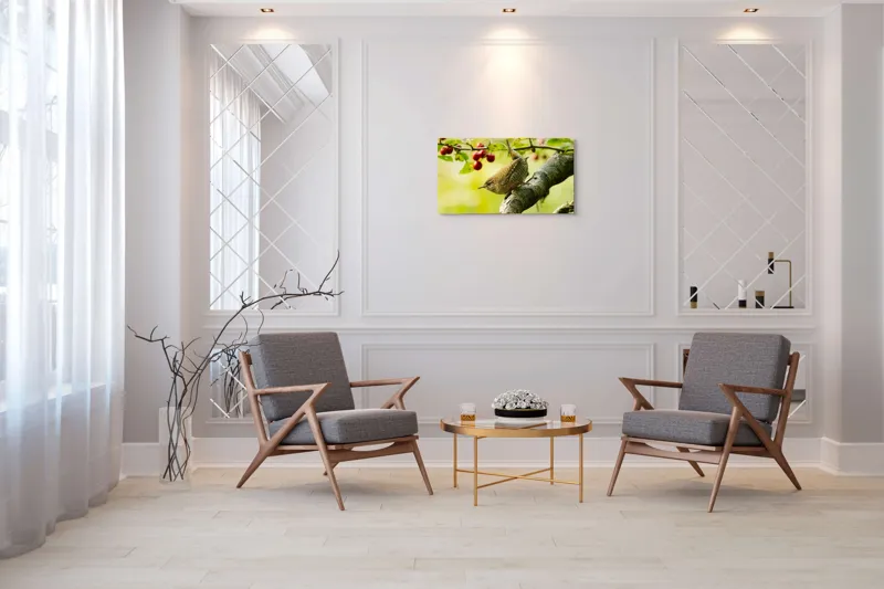Tablou Canvas, "Micul oaspete pe ramura verii", Pasăre, Crenguță, Frunze, Roșii, Natură, Rândunică, Delicatețe, Echilibru., 90 x 50 cm – poza 7