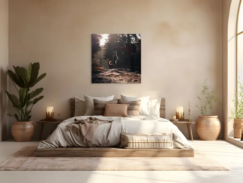 Tablou Canvas, "Câine sărind în lumina soarelui", Câine, Săritor, Pădure, Siluetă, Lumină, Drumeție, Bucurie, Amurg, Mișcare, 100 x 100 cm – poza 4