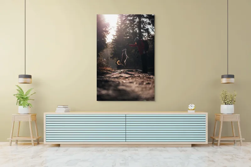 Tablou Canvas, "Câine sărind în lumina soarelui", Câine, Săritor, Pădure, Siluetă, Lumină, Drumeție, Bucurie, Amurg, Mișcare, 100 x 150 cm – poza 4