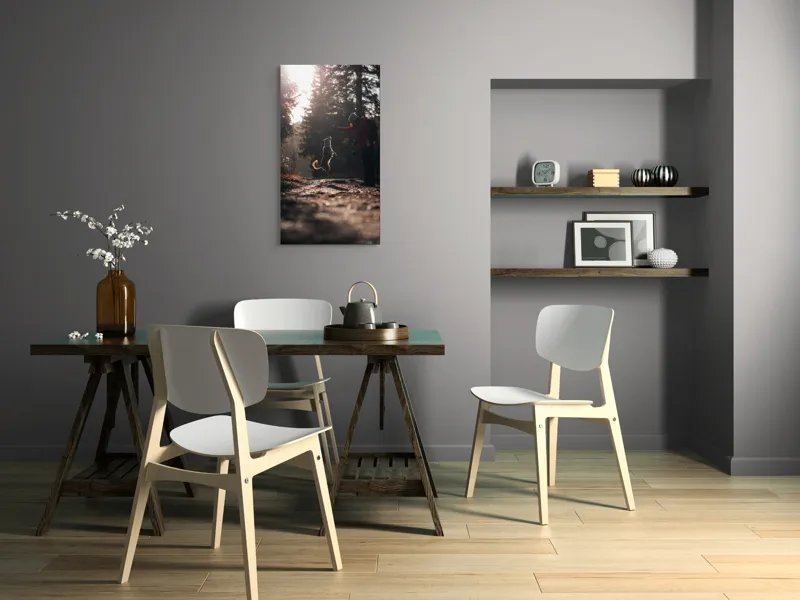 Tablou Canvas, "Câine sărind în lumina soarelui", Câine, Săritor, Pădure, Siluetă, Lumină, Drumeție, Bucurie, Amurg, Mișcare, 50 x 90 cm – poza 4