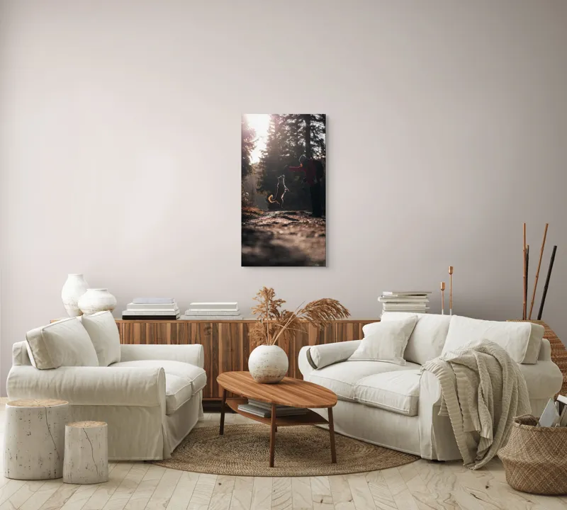 Tablou Canvas, "Câine sărind în lumina soarelui", Câine, Săritor, Pădure, Siluetă, Lumină, Drumeție, Bucurie, Amurg, Mișcare, 50 x 90 cm – poza 7