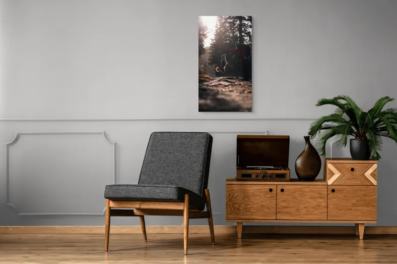 Tablou Canvas, "Câine sărind în lumina soarelui", Câine, Săritor, Pădure, Siluetă, Lumină, Drumeție, Bucurie, Amurg, Mișcare, 50 x 90 cm – poza 8