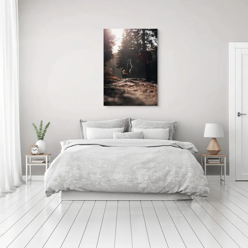 Tablou Canvas, "Câine sărind în lumina soarelui", Câine, Săritor, Pădure, Siluetă, Lumină, Drumeție, Bucurie, Amurg, Mișcare, 70 x 100 cm – poza 3