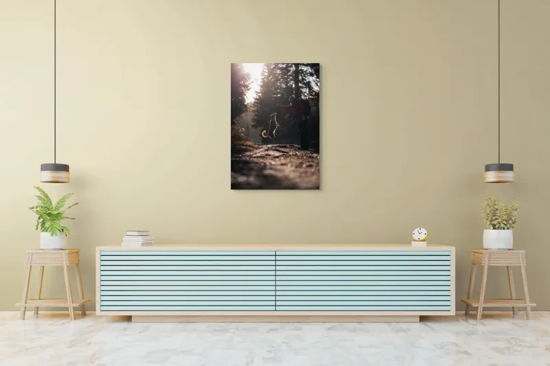 Tablou Canvas, "Câine sărind în lumina soarelui", Câine, Săritor, Pădure, Siluetă, Lumină, Drumeție, Bucurie, Amurg, Mișcare, 70 x 100 cm – poza 5
