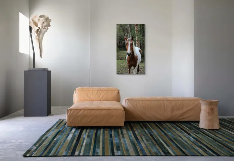Tablou Canvas, "Cal în pădurea liniștită de vară", Cal, Natură, Pădure, Copaci, Verdeață, Blană Pestriță, Privire, Calm, Liniște, Frumusețe., 50 x 90 cm – poza 5