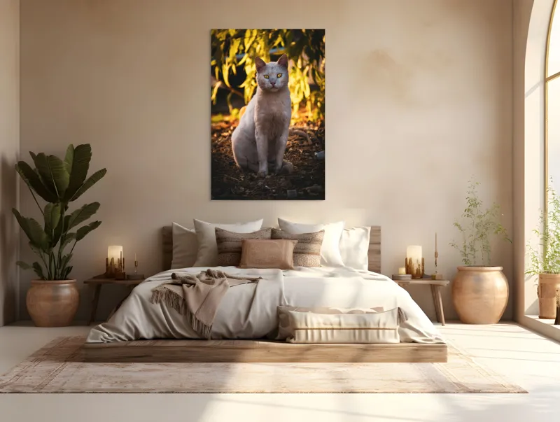 Tablou Canvas, "Pisica albă în lumina apusului", Pisică, Albă, Privire, Curajoasă, Natură, Lumina, Caldă, Mistică, Ochi, Hoinar, 100 x 150 cm – poza 3
