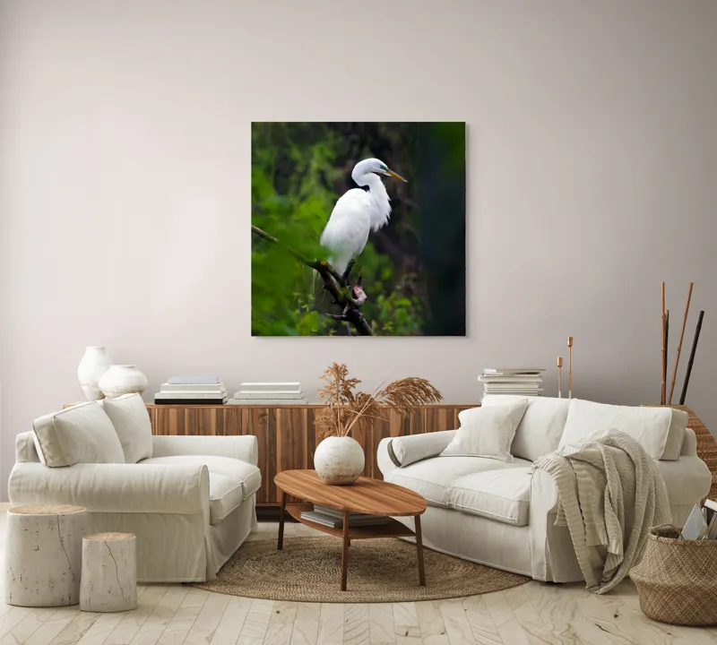 Tablou Canvas, "Egreta solitară în pădurea verde", Alb, Grațios, Păsăre, Natură, Ramură, Elegant, Verde, Tranquilitate, 100 x 100 cm – poza 3