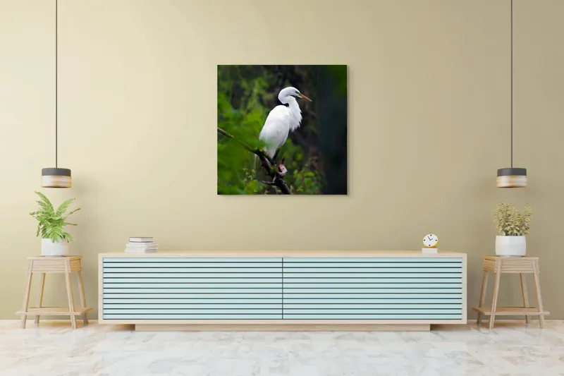Tablou Canvas, "Egreta solitară în pădurea verde", Alb, Grațios, Păsăre, Natură, Ramură, Elegant, Verde, Tranquilitate, 100 x 100 cm – poza 5