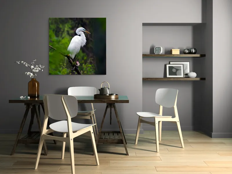 Tablou Canvas, "Egreta solitară în pădurea verde", Alb, Grațios, Păsăre, Natură, Ramură, Elegant, Verde, Tranquilitate, 100 x 100 cm – poza 6