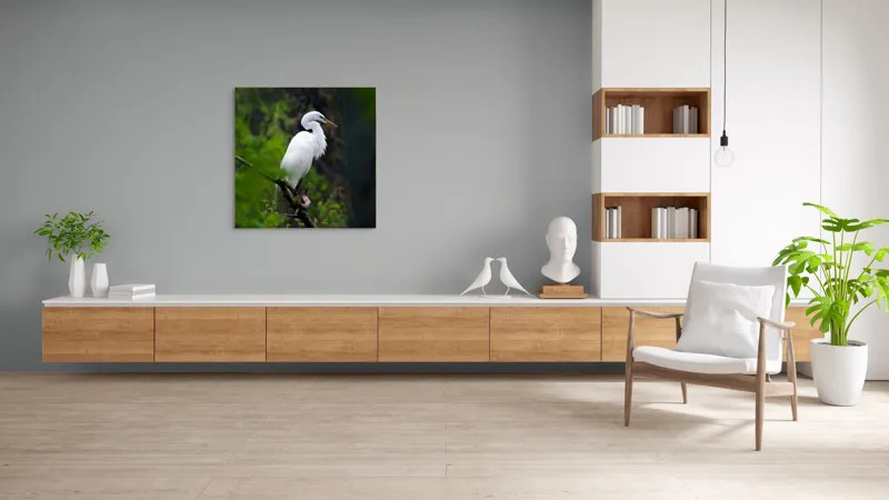 Tablou Canvas, "Egreta solitară în pădurea verde", Alb, Grațios, Păsăre, Natură, Ramură, Elegant, Verde, Tranquilitate, 100 x 100 cm – poza 8