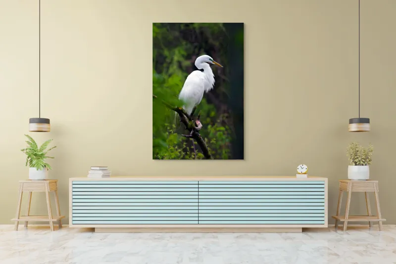Tablou Canvas, "Egreta solitară în pădurea verde", Alb, Grațios, Păsăre, Natură, Ramură, Elegant, Verde, Tranquilitate, 100 x 150 cm – poza 4