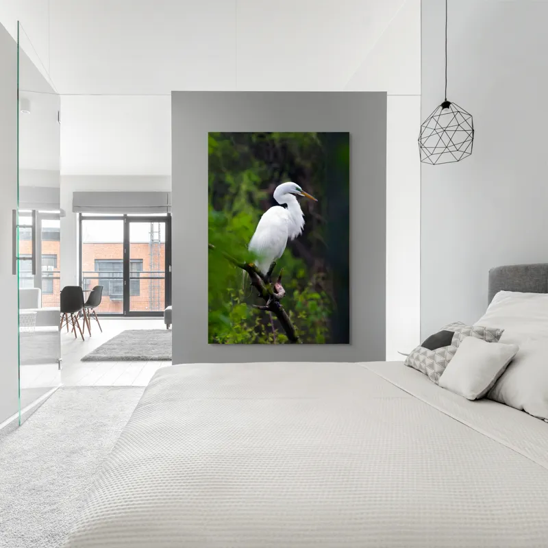 Tablou Canvas, "Egreta solitară în pădurea verde", Alb, Grațios, Păsăre, Natură, Ramură, Elegant, Verde, Tranquilitate, 100 x 150 cm – poza 5
