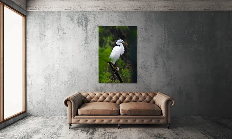 Tablou Canvas, "Egreta solitară în pădurea verde", Alb, Grațios, Păsăre, Natură, Ramură, Elegant, Verde, Tranquilitate, 100 x 150 cm – poza 6