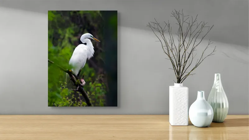 Tablou Canvas, "Egreta solitară în pădurea verde", Alb, Grațios, Păsăre, Natură, Ramură, Elegant, Verde, Tranquilitate, 39 x 54 cm – poza 4