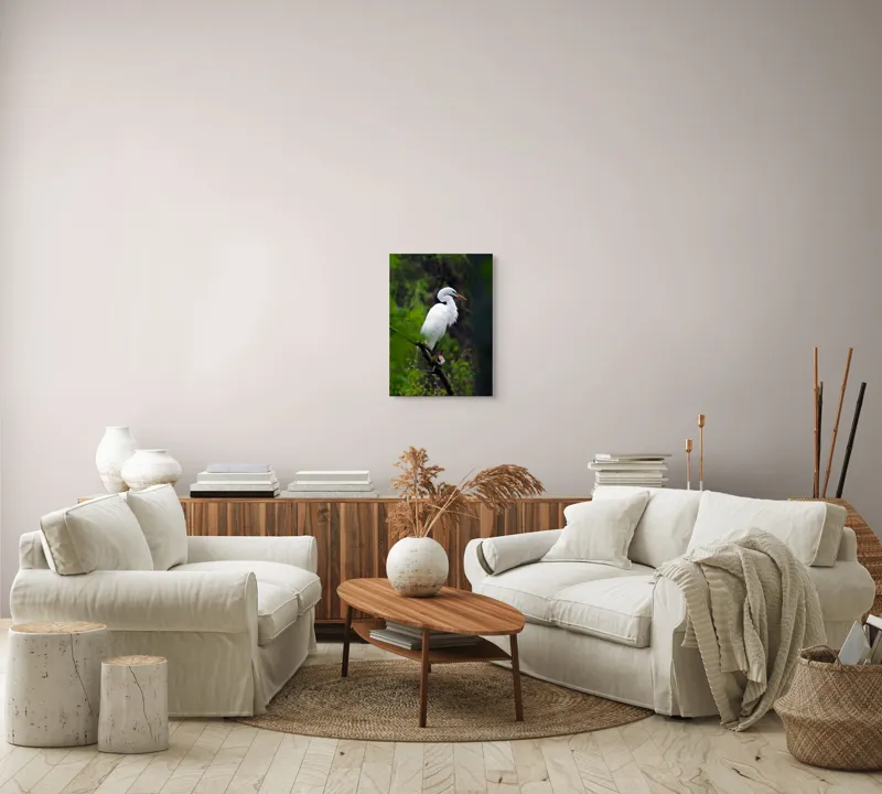 Tablou Canvas, "Egreta solitară în pădurea verde", Alb, Grațios, Păsăre, Natură, Ramură, Elegant, Verde, Tranquilitate, 39 x 54 cm – poza 5
