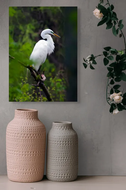 Tablou Canvas, "Egreta solitară în pădurea verde", Alb, Grațios, Păsăre, Natură, Ramură, Elegant, Verde, Tranquilitate, 39 x 54 cm – poza 6