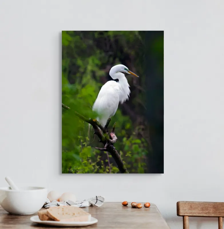 Tablou Canvas, "Egreta solitară în pădurea verde", Alb, Grațios, Păsăre, Natură, Ramură, Elegant, Verde, Tranquilitate, 50 x 70 cm – poza 3