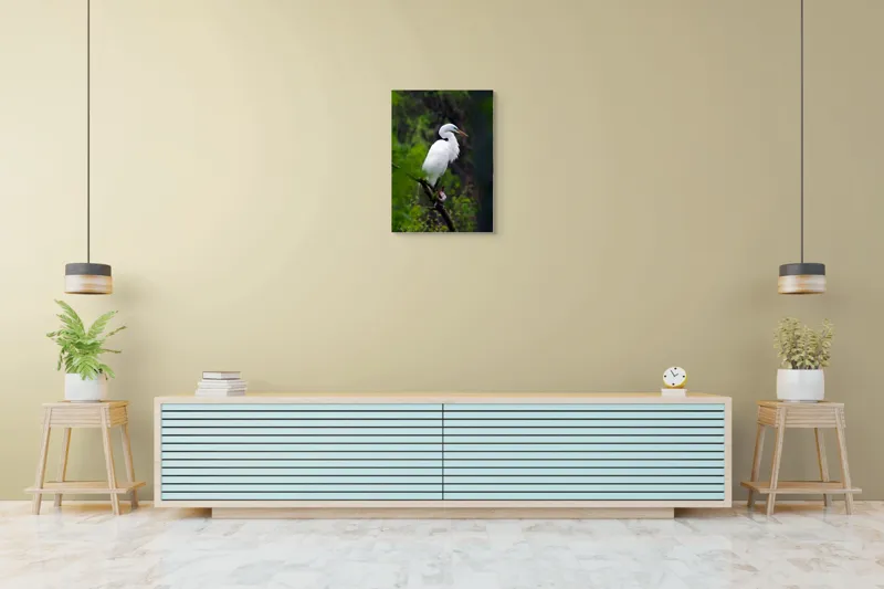 Tablou Canvas, "Egreta solitară în pădurea verde", Alb, Grațios, Păsăre, Natură, Ramură, Elegant, Verde, Tranquilitate, 50 x 70 cm – poza 6