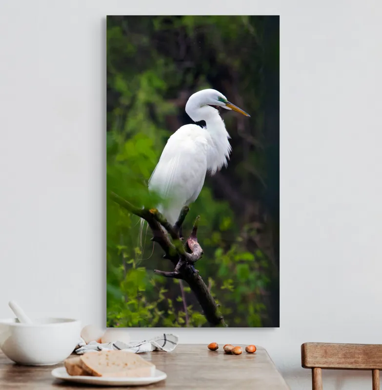 Tablou Canvas, "Egreta solitară în pădurea verde", Alb, Grațios, Păsăre, Natură, Ramură, Elegant, Verde, Tranquilitate, 50 x 90 cm – poza 3