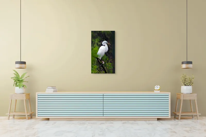 Tablou Canvas, "Egreta solitară în pădurea verde", Alb, Grațios, Păsăre, Natură, Ramură, Elegant, Verde, Tranquilitate, 50 x 90 cm – poza 6