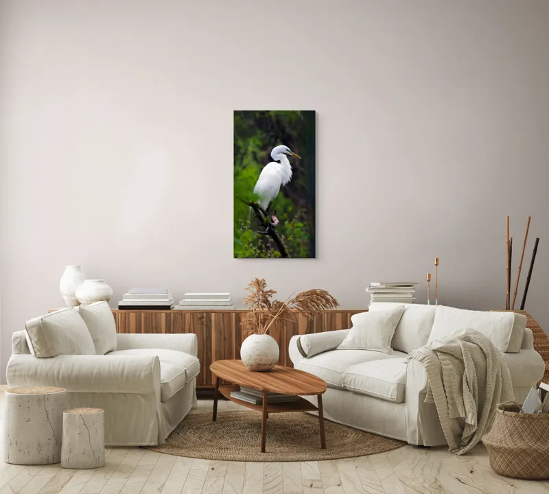 Tablou Canvas, "Egreta solitară în pădurea verde", Alb, Grațios, Păsăre, Natură, Ramură, Elegant, Verde, Tranquilitate, 50 x 90 cm – poza 7