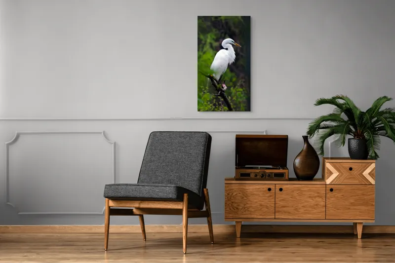 Tablou Canvas, "Egreta solitară în pădurea verde", Alb, Grațios, Păsăre, Natură, Ramură, Elegant, Verde, Tranquilitate, 50 x 90 cm – poza 8