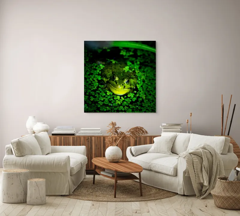 Tablou Canvas, "Prințul broaștelor în habitat natural", Broască, Apă, Vegetație, Verde, Ochi, Natură, Reflexie, Cămuflaj, 100 x 100 cm – poza 3