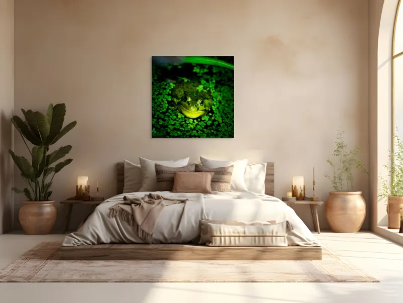 Tablou Canvas, "Prințul broaștelor în habitat natural", Broască, Apă, Vegetație, Verde, Ochi, Natură, Reflexie, Cămuflaj, 100 x 100 cm – poza 4