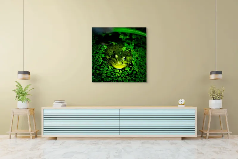 Tablou Canvas, "Prințul broaștelor în habitat natural", Broască, Apă, Vegetație, Verde, Ochi, Natură, Reflexie, Cămuflaj, 100 x 100 cm – poza 5
