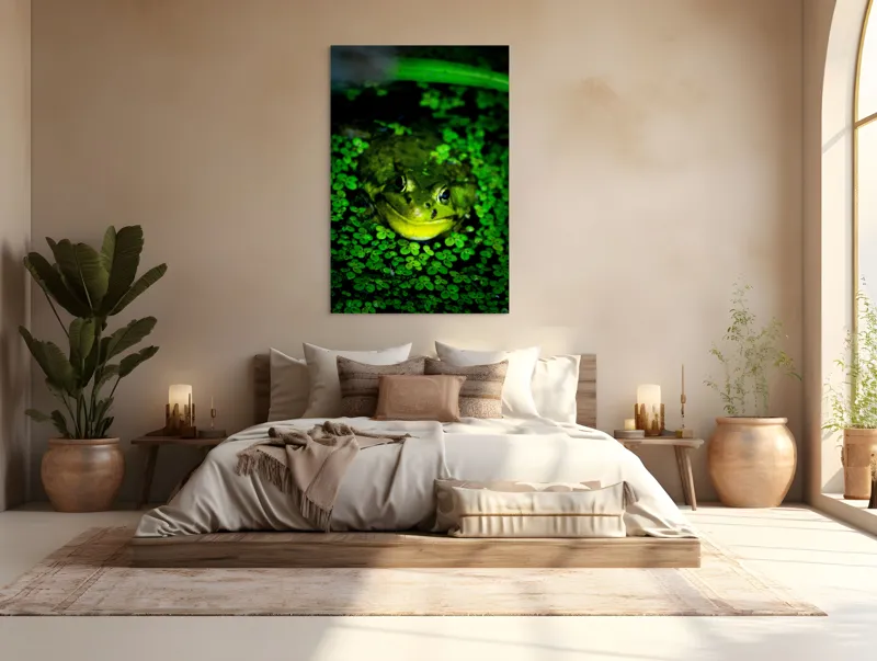 Tablou Canvas, "Prințul broaștelor în habitat natural", Broască, Apă, Vegetație, Verde, Ochi, Natură, Reflexie, Cămuflaj, 100 x 150 cm – poza 3