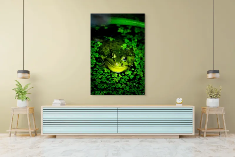 Tablou Canvas, "Prințul broaștelor în habitat natural", Broască, Apă, Vegetație, Verde, Ochi, Natură, Reflexie, Cămuflaj, 100 x 150 cm – poza 4