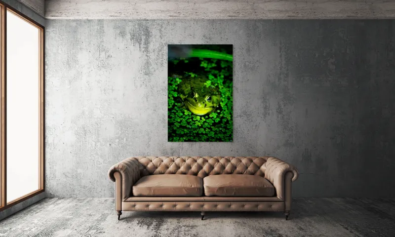 Tablou Canvas, "Prințul broaștelor în habitat natural", Broască, Apă, Vegetație, Verde, Ochi, Natură, Reflexie, Cămuflaj, 100 x 150 cm – poza 6