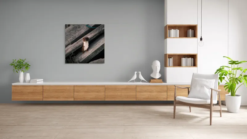 Tablou Canvas, "Nu știu cine este această persoană.", Șopron, Veveriță, Lemn, Verdeață, Curiozitate, 100 x 100 cm – poza 8