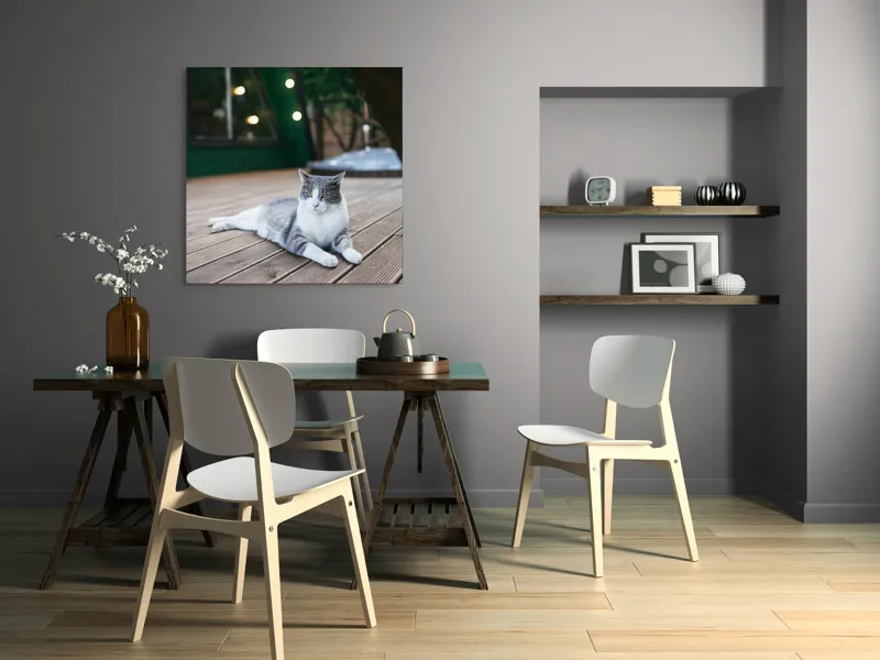 Tablou Canvas, "Pisica relaxată pe terasă de lemn", Pisică, Relaxare, Terasă, Lumină, Seară, Verde, Blană, Ochii, Odihnă, Calm, Lemn, Triunghi., 100 x 100 cm – poza 6