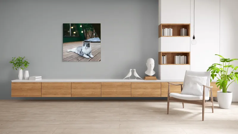 Tablou Canvas, "Pisica relaxată pe terasă de lemn", Pisică, Relaxare, Terasă, Lumină, Seară, Verde, Blană, Ochii, Odihnă, Calm, Lemn, Triunghi., 100 x 100 cm – poza 8