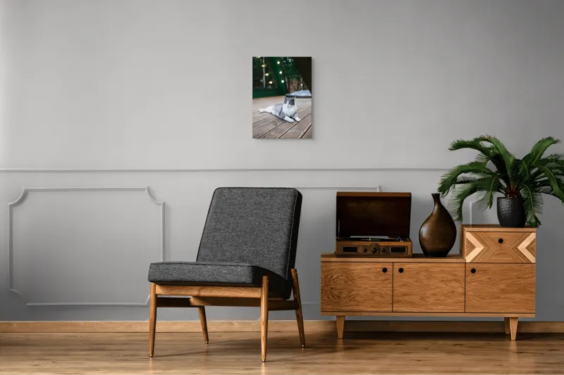 Tablou Canvas, "Pisica relaxată pe terasă de lemn", Pisică, Relaxare, Terasă, Lumină, Seară, Verde, Blană, Ochii, Odihnă, Calm, Lemn, Triunghi., 39 x 54 cm – poza 8
