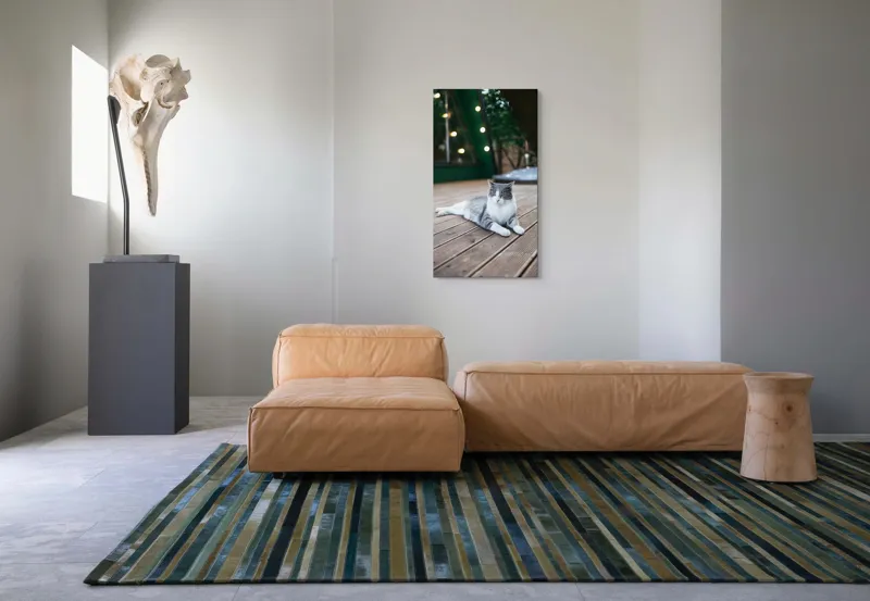 Tablou Canvas, "Pisica relaxată pe terasă de lemn", Pisică, Relaxare, Terasă, Lumină, Seară, Verde, Blană, Ochii, Odihnă, Calm, Lemn, Triunghi., 50 x 90 cm – poza 5